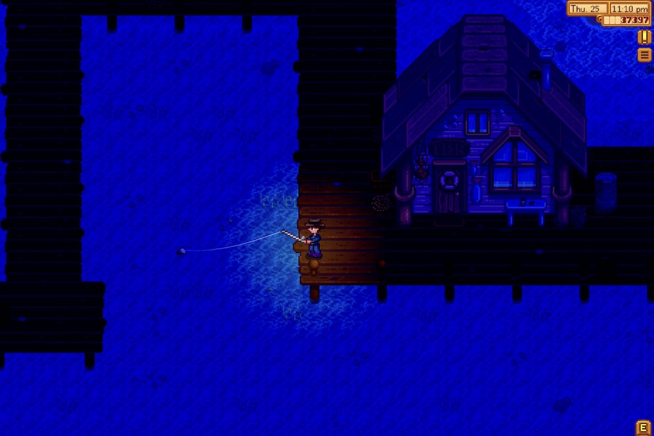 You can fish at night in Stardew Valley. Different fish bite at different times of the day.